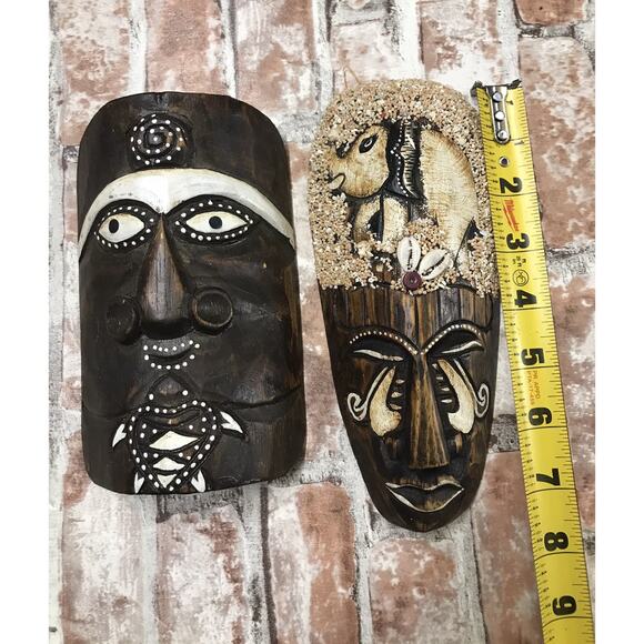 Unique Vintage 2 Handmade Home Wall Decor Carved Wood Face Masks African &Tahiti - Picture 4 of 6
